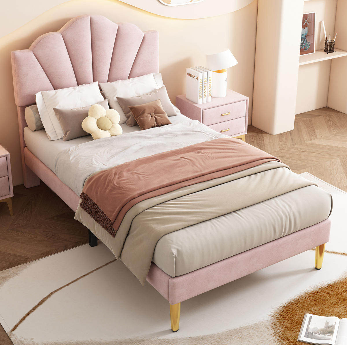 KINDERBETT Polsterbett 90/200 cm aus Samt mit höhenverstellbarem Muschel-Kopfteil Rosa - Rosa, Textil (90/200cm) - Modenvie