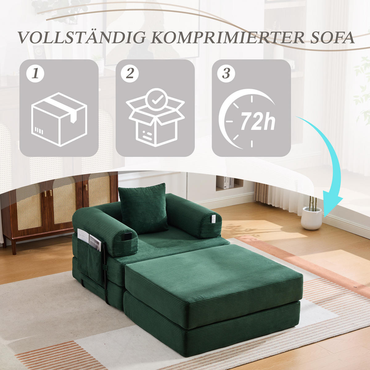 SOFA Cord Smaragdgrün mit Hocker und Kissen - Smaragdgrün, Textil/Metall (112/67/190cm) - WISHDOR