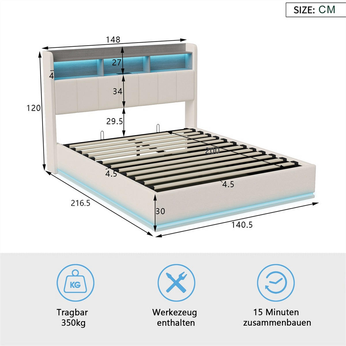 POLSTERBETT 140x200cm - Doppelbett mit RGB-LED-Beleuchtung am Kopfteil und Unterboden Stauraum-Kopfteil - Beige - Beige, Textil (140/200cm) - DELFA