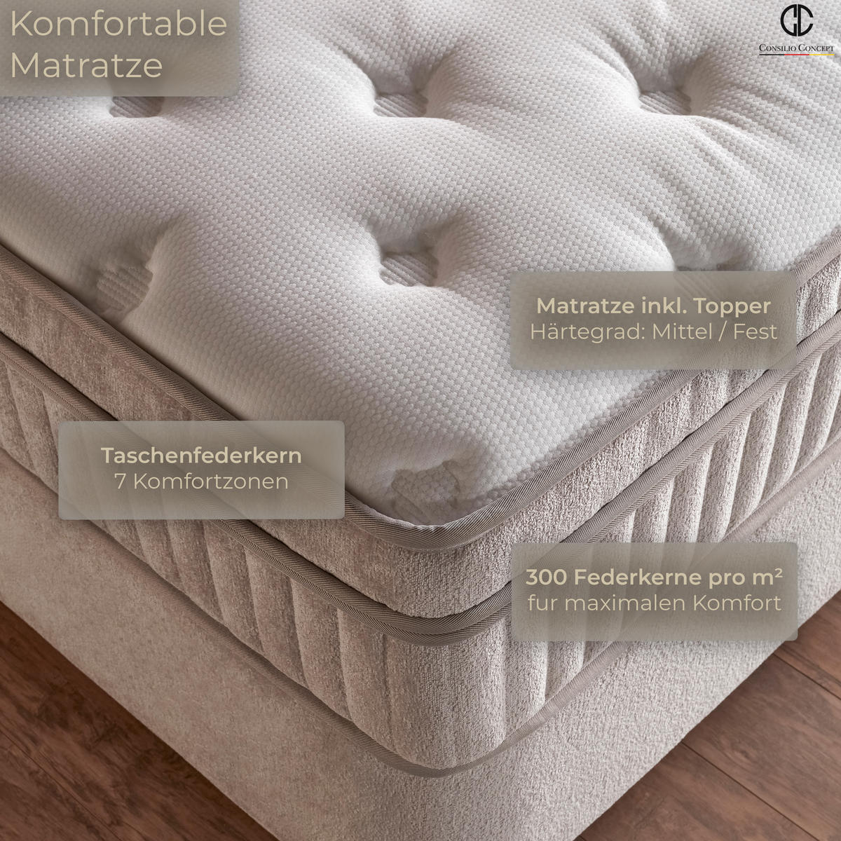 BOXSPRINGBETT MIT BETTKASTEN COMO 180/200 cm, Beige, Bettkasten, Matratze, Topper integriert, H3 mittel 7-Zonen Matratze - Beige/Schwarz, Holz/Kunststoff (180/200cm) - Consilio Concept