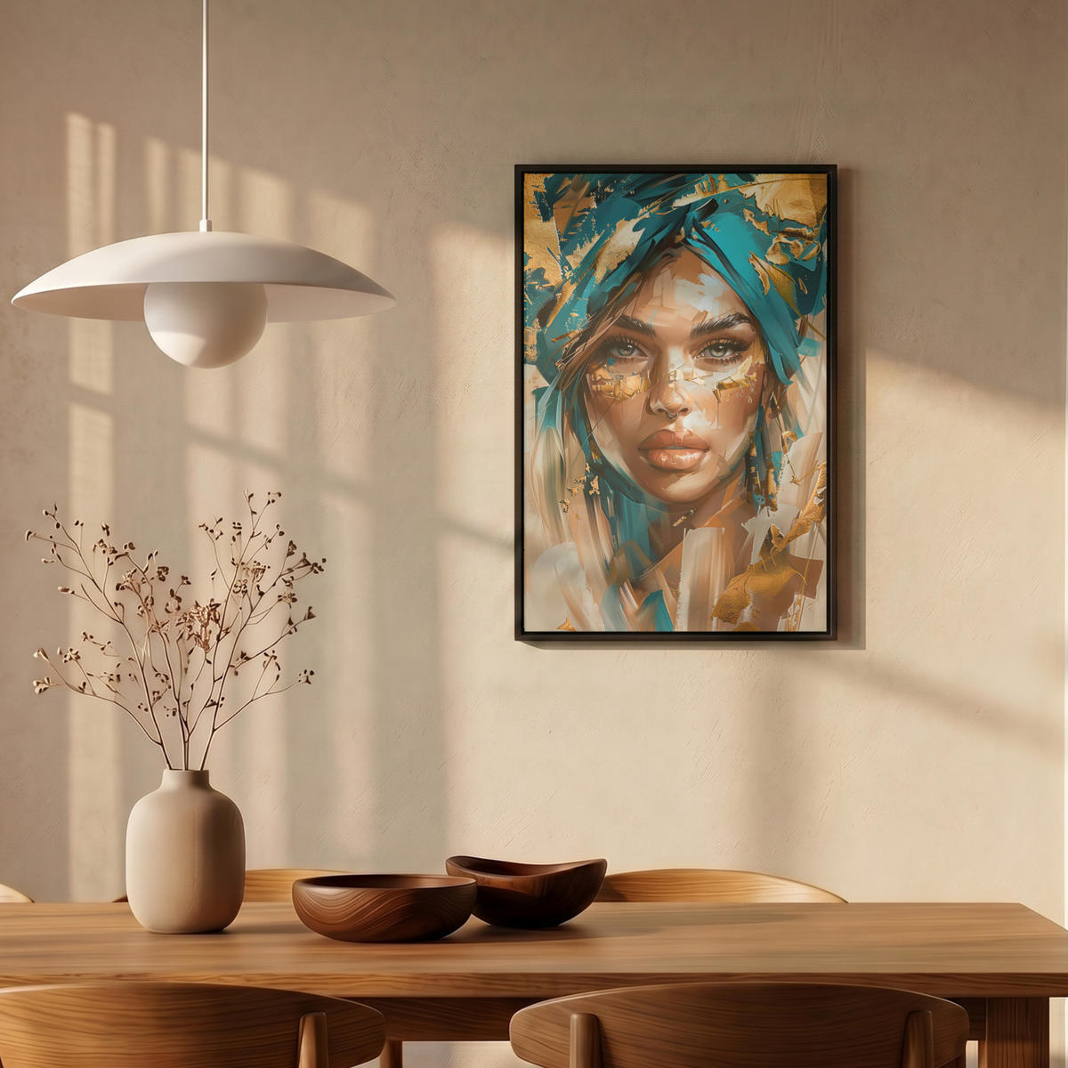 LEINWAND Bilder mit Rahmen - Frau - Porträt - Gold - Luxus - Blau - 40x60 - Türkis, Textil (40/60cm) - MuchoWow