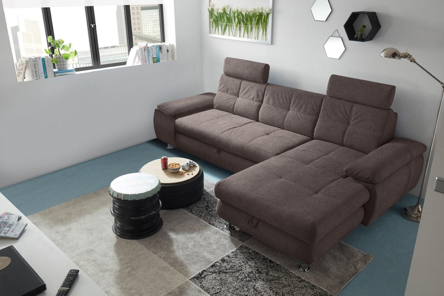 ECKSOFA mit Schlaffunktion und Bettkasten, Brego-Stoff - Chromfarben/Braun, Textil/Metall (177/274cm) - ed exciting design