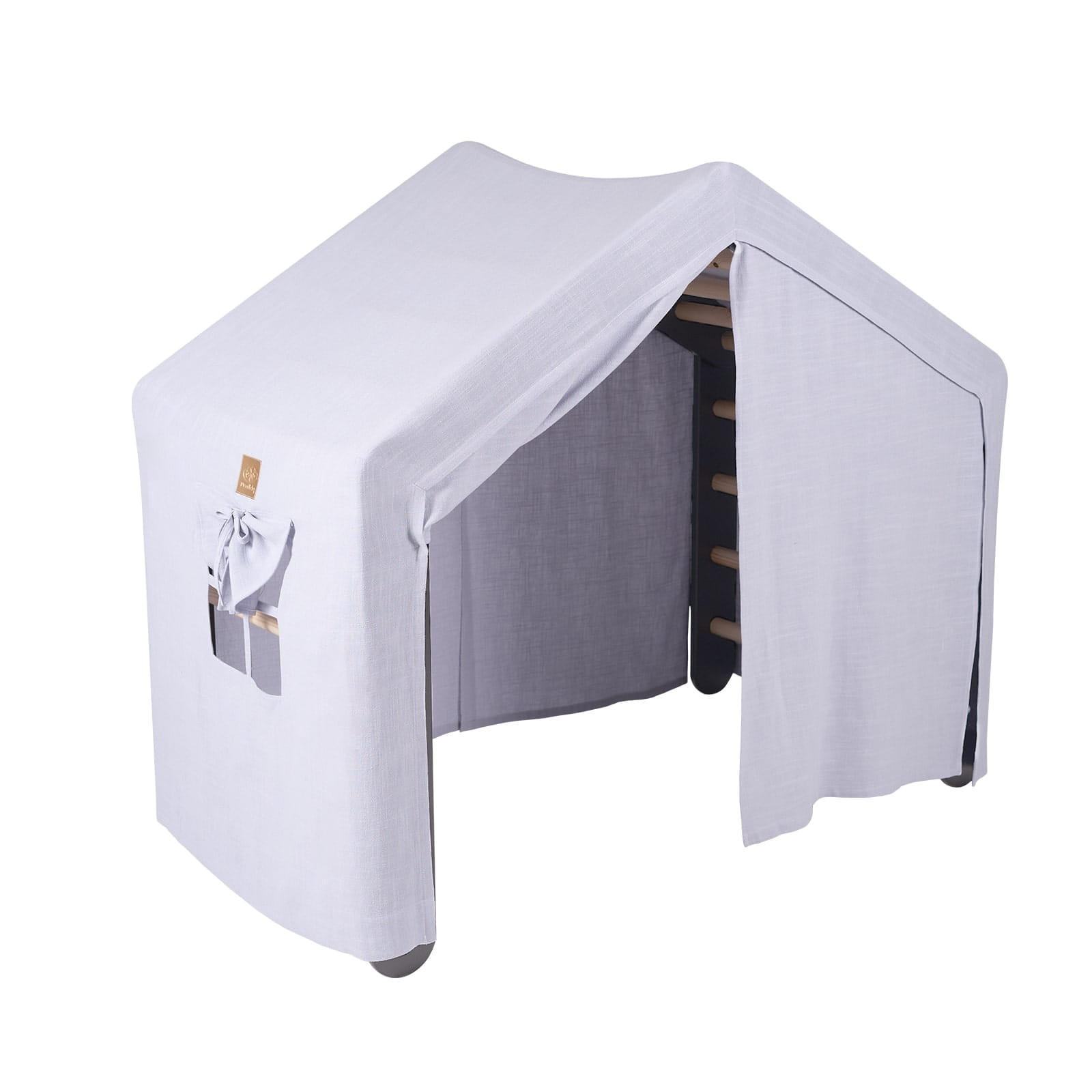 KLETTERDREIECK Großes Haus für Kinder mit Grau-Blauem Dach, Zarter Stoff, Montessori, Grau - Blaugrau/Grau, Holz (112/94/61cm) - MeowBaby
