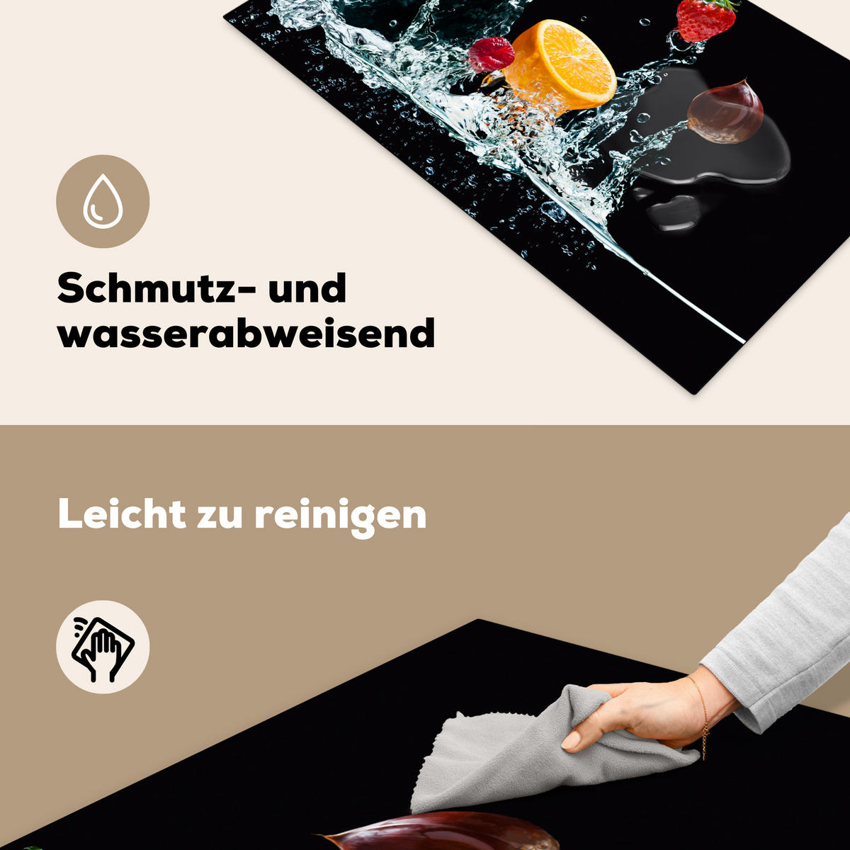 HERDABDECKPLATTE Wasser - Obst - Orange - Erdbeere - Kirsche - Schwarz 90x52 cm - Orange, Kunststoff (90/52/0.2cm) - MuchoWow