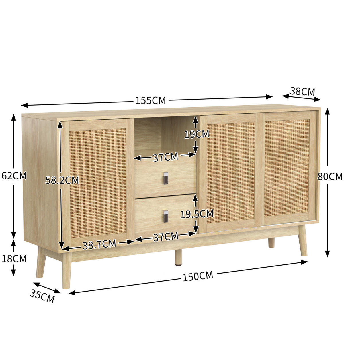 SIDEBOARD mit Schiebetüren und 2 Schubladen 155 x 38 x 80 cm Rattan Holz - Hellbraun, Holzwerkstoff (155/80/38cm) - Meubliv