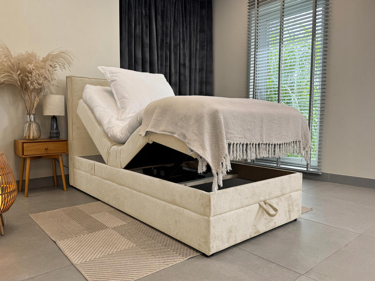 BOXBETT Sorrento - Elektrische Bett mit Matratze + Tooper, Kopfteil und Bettkasten - Stoffbezug Veloursstoff - 100x200 cm - Beige - Beige, Holzwerkstoff/Kunststoff (100/200cm) - Trada