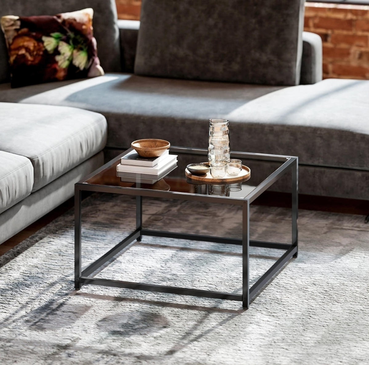 COUCHTISCH 68/68/39 cm mit gehärteter Glasplatte und Stahlgestell im Industrial-Stil, Schwarz - Schwarz, Glas (68/68/39cm) - Redom