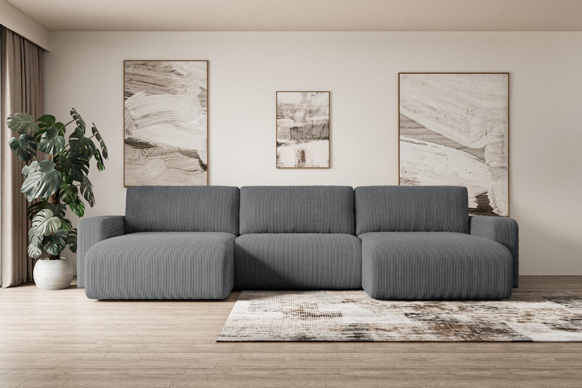 WOHNLANDSCHAFT mit Schlaffunktion und Bettkasten KLEEA-U - 347x143x83 cm Dunkelgrau Cord - Dunkelgrau/Schwarz, Holzwerkstoff/Kunststoff (347/83/143cm) - ALTDECOR