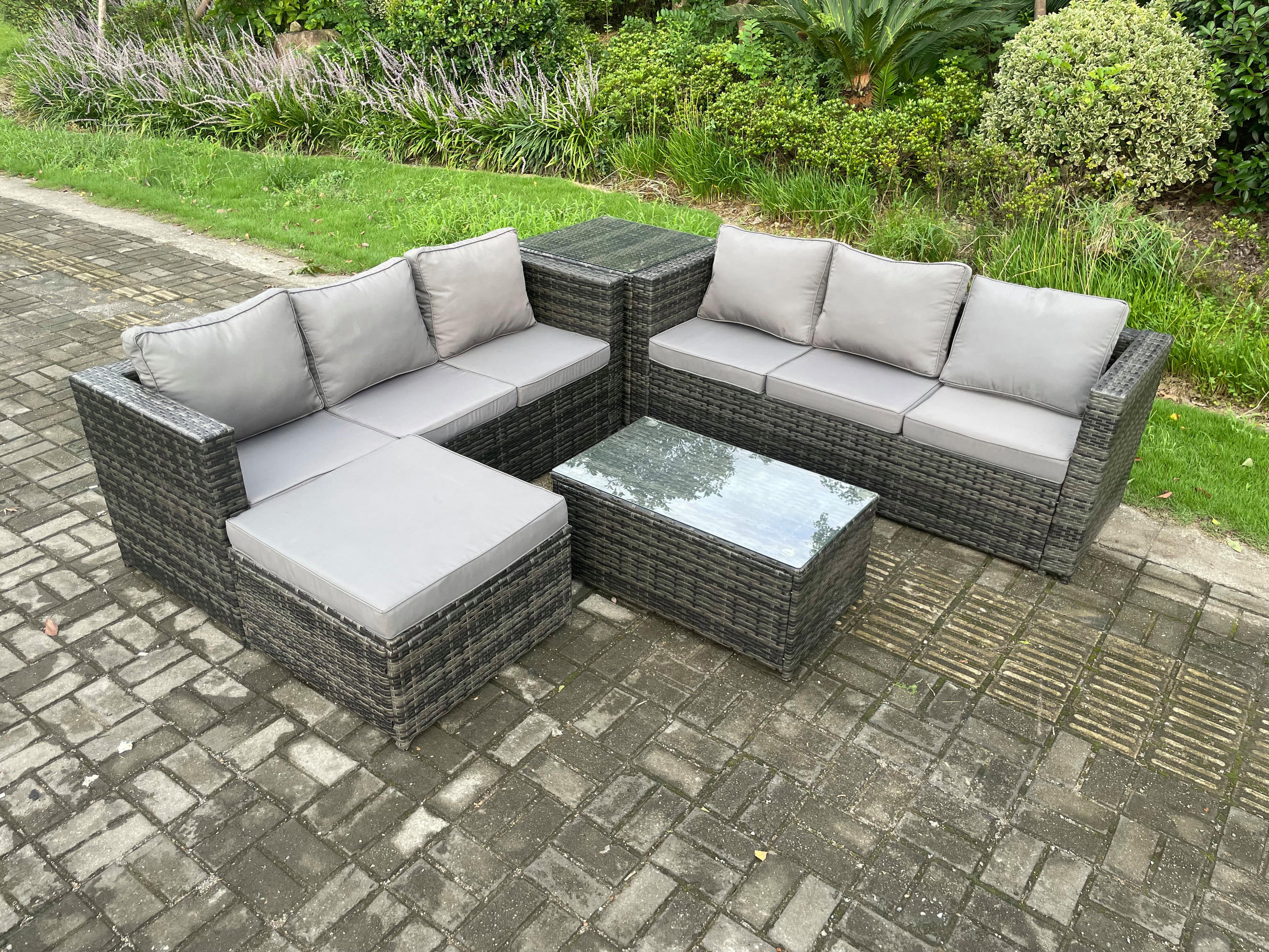 GARTENMÖBELSET Polyrattan 7-Sitzer - Dunkelgrau, Metall - Fimous