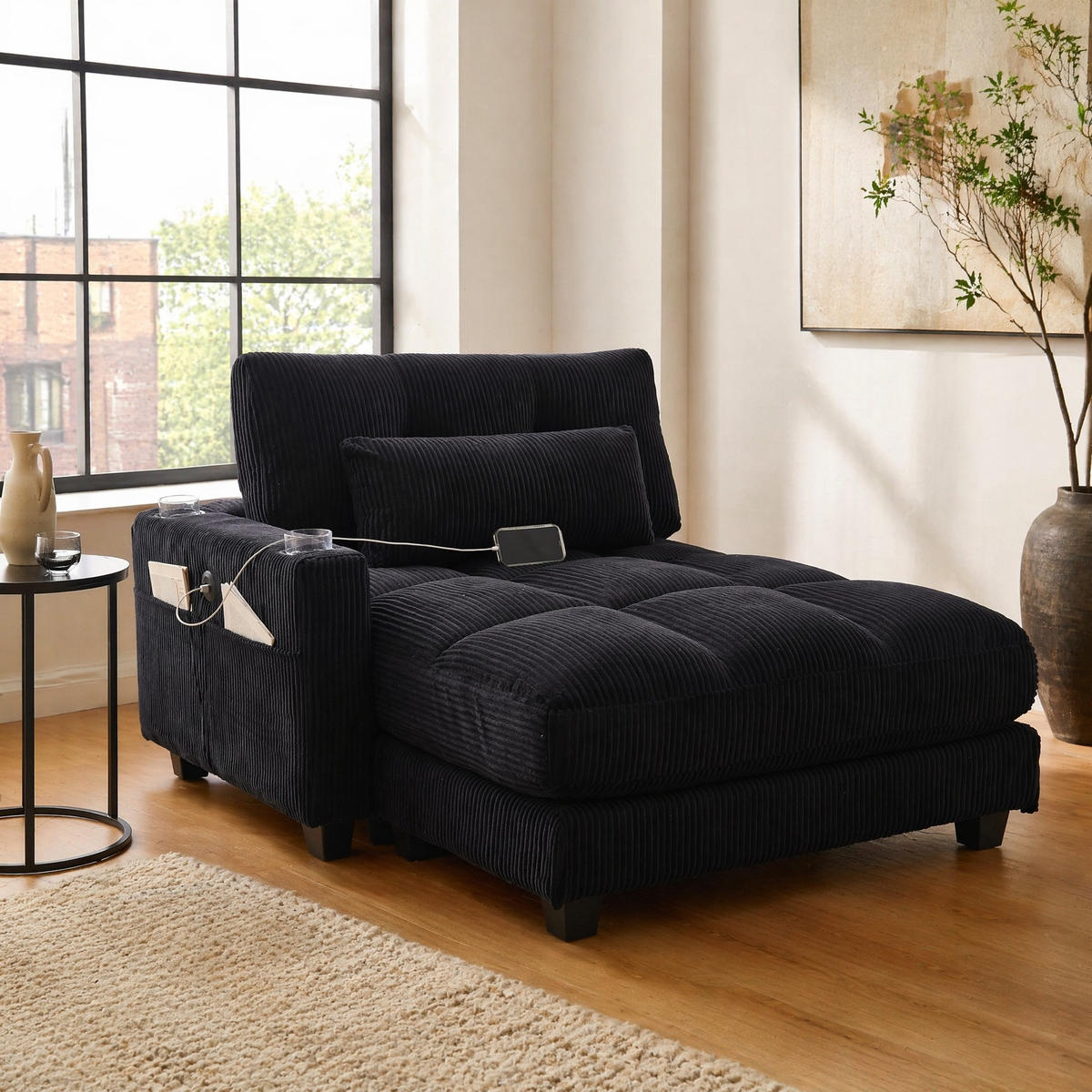 SESSEL 1-Sitzer in Schwarz aus Cord 140/112/81 cm mit USB - Schwarz, Holzwerkstoff/Kunststoff (112/81/140cm) - CHICFURN