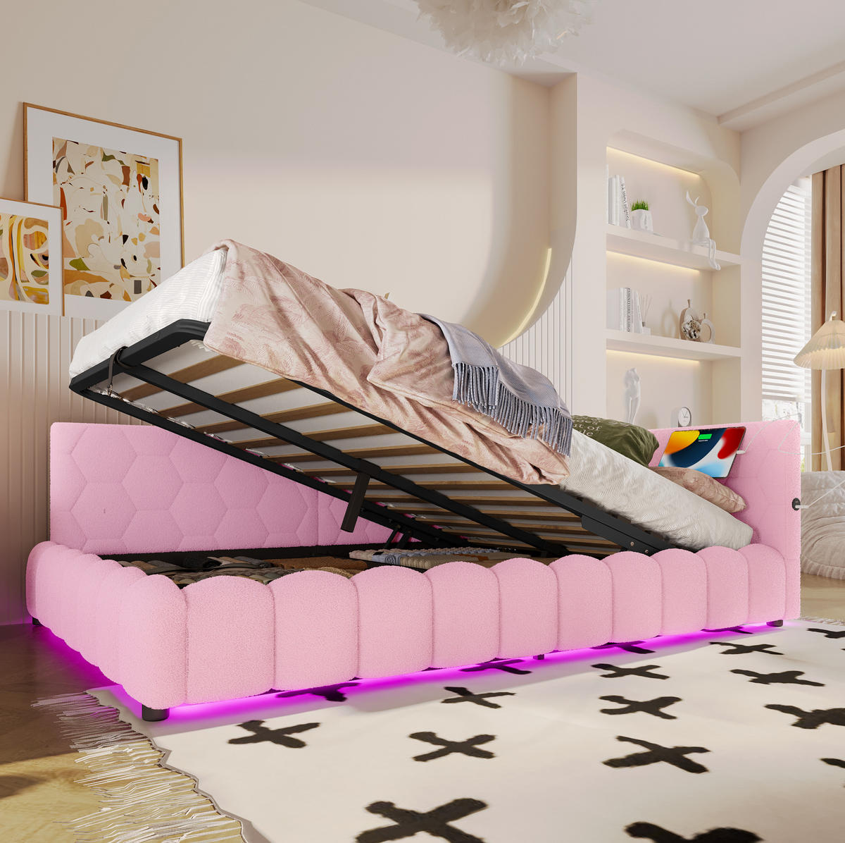 TAGESBETT 140/200 cm mit LED-Lichtleiste, USB, Typ-C und hydraulischem Bettkasten, Vliesimitat, Rosa - Rosa, Textil (140/200cm) - Redom