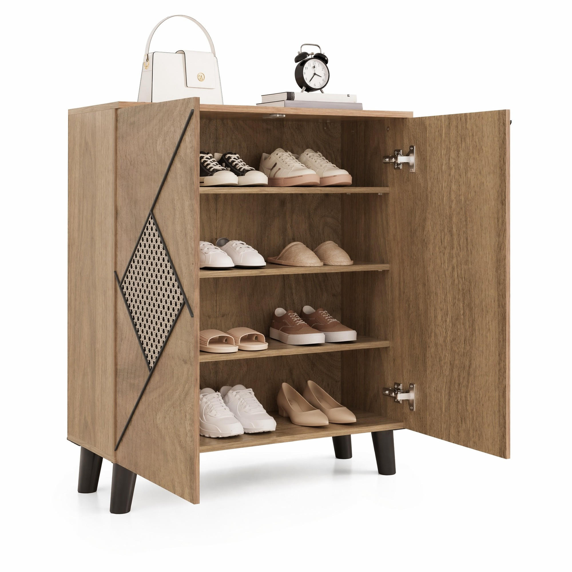 SCHUHSCHRANK in Naturfarben mit Rattanmuster, 2 Türen und Ablagefläche für Eingangsbereich, B80/T32/H91 cm - Schwarz/Naturfarben, Holzwerkstoff/Metall (80/91/32cm) - STILVORA