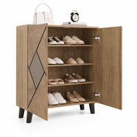 SCHUHSCHRANK in Naturfarben mit Rattanmuster, 2 Türen und Ablagefläche für Eingangsbereich, B80/T32/H91 cm - Schwarz/Naturfarben, Holzwerkstoff/Metall (80/91/32cm) - STILVORA