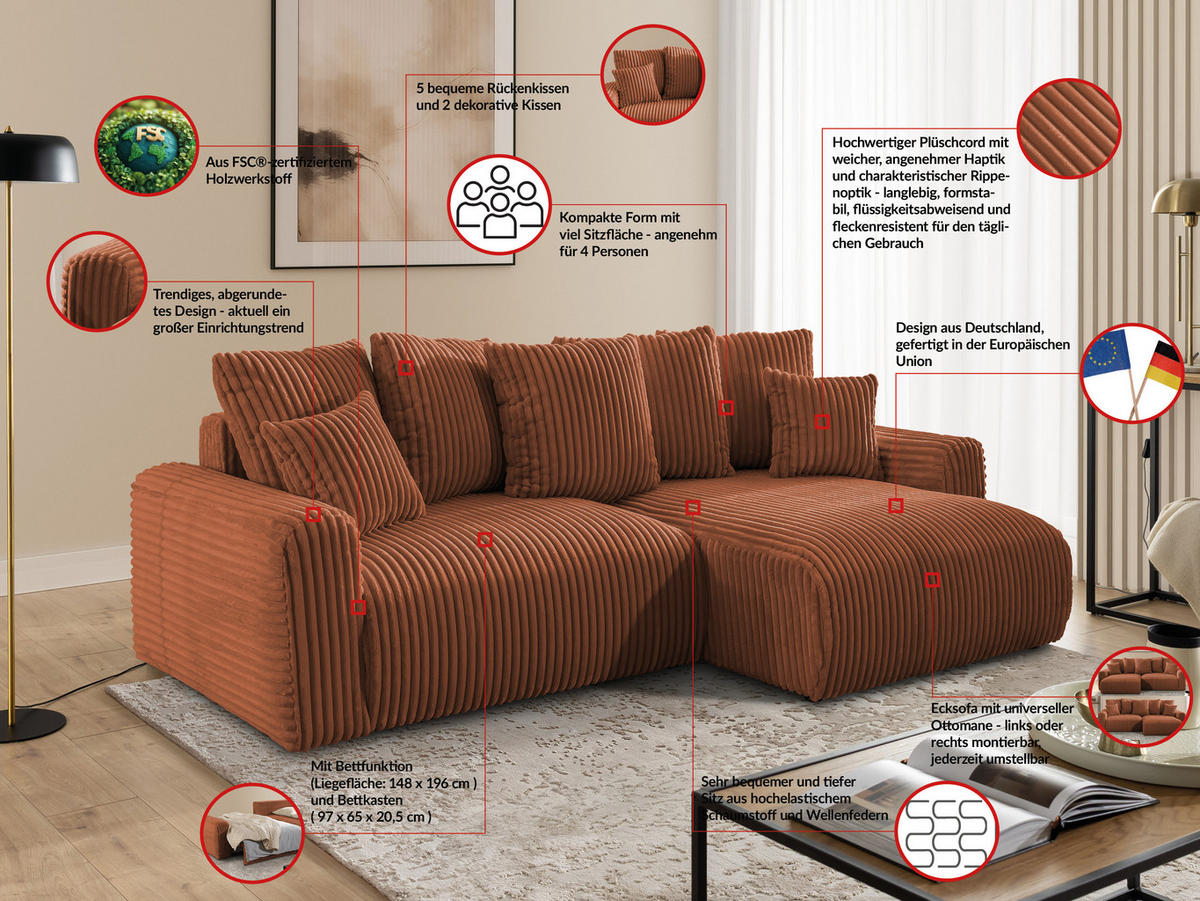 ECKSOFA Calma mit Schlaffunktion und Bettkasten im Bumpy-Design aus weichem Terrakotta Plüschcord - Ottomane rechts - Terracotta/Schwarz, Holz/Kunststoff (140/239cm) - S-Style