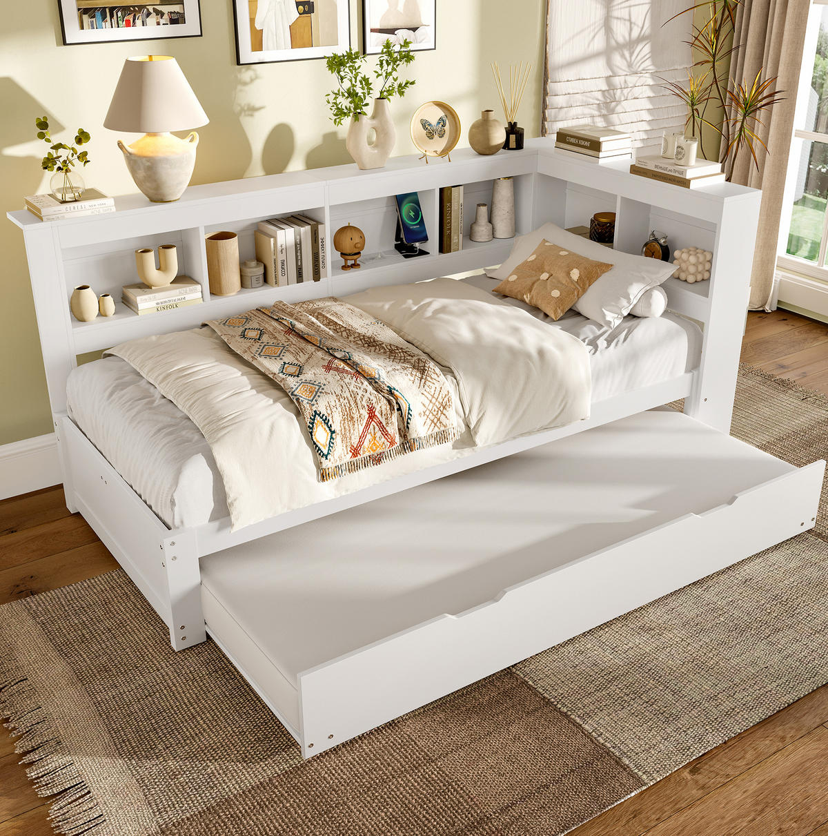 POLSTERBETT 90/200 cm mit Ausziehbett, Steckdose und 2 USB-Anschlüssen, Weiß - Weiß, Holz (90/200cm) - Redom