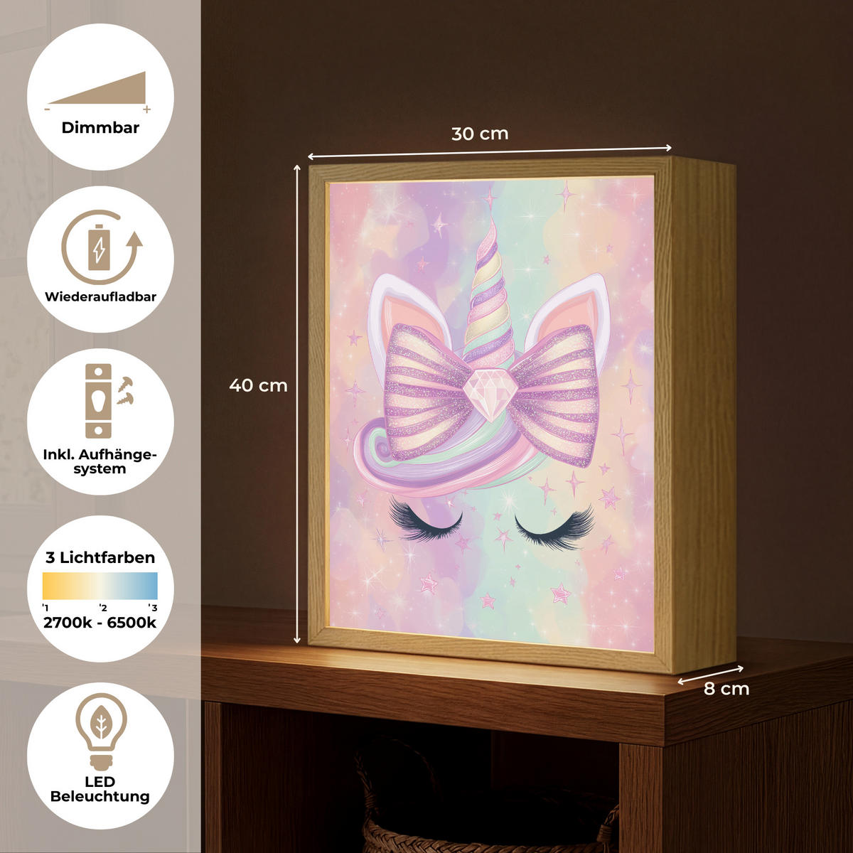 NÁSTĚNNÁ LAMPA S AKUMULÁTOREM Jednorožec - Třpytky - Duha - Pastelové barvy 30x40 cm - světle růžová, kompozitní dřevo (30/40/8cm) - OnlyWow
