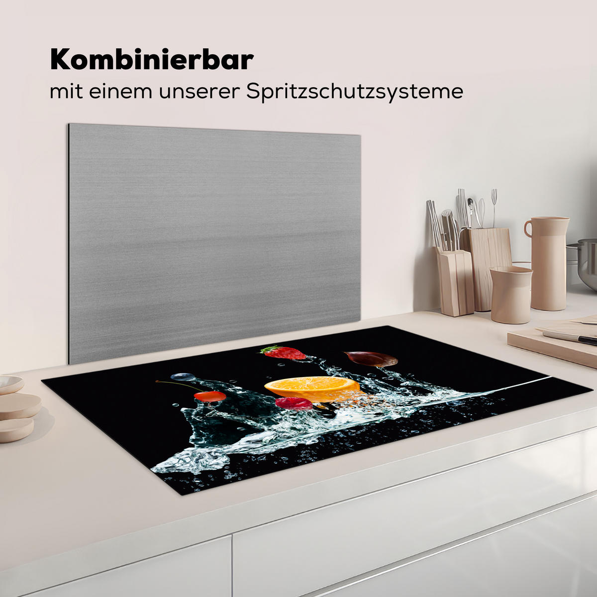 HERDABDECKPLATTE Wasser - Obst - Orange - Erdbeere - Kirsche - Schwarz Induktionsschutz 91.6x52.7 cm - Orange, Kunststoff (91.6/52.7/0.2cm) - MuchoWow