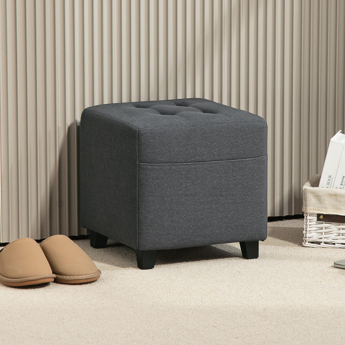 HOCKER DE-16456 mit Seitentasche und Knopfheftung Grau - Grau, Holzwerkstoff (35/35/35cm) - ComfortXL