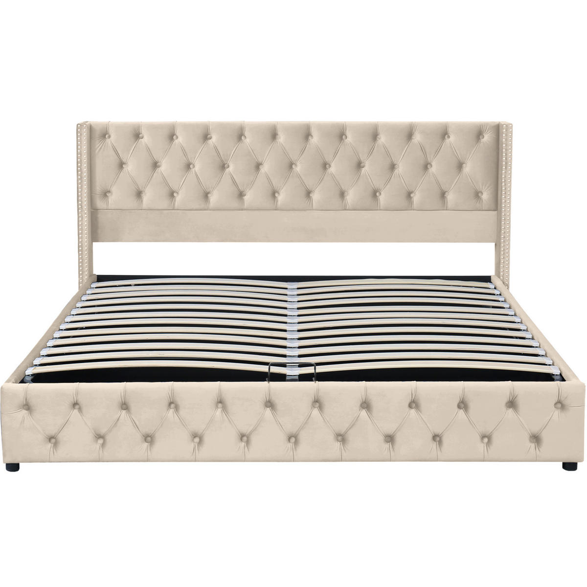 SAMT-POLSTERBETT 160/200 cm mit Bettkasten und gepolstertem Kopfteil - Beige, Textil (160/200cm) - BEAOK
