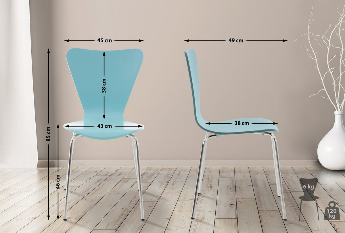 BESUCHERSTUHL 2er Set Holz hellblau - Hellblau, Holz/Metall (45/85/49cm) - CLP