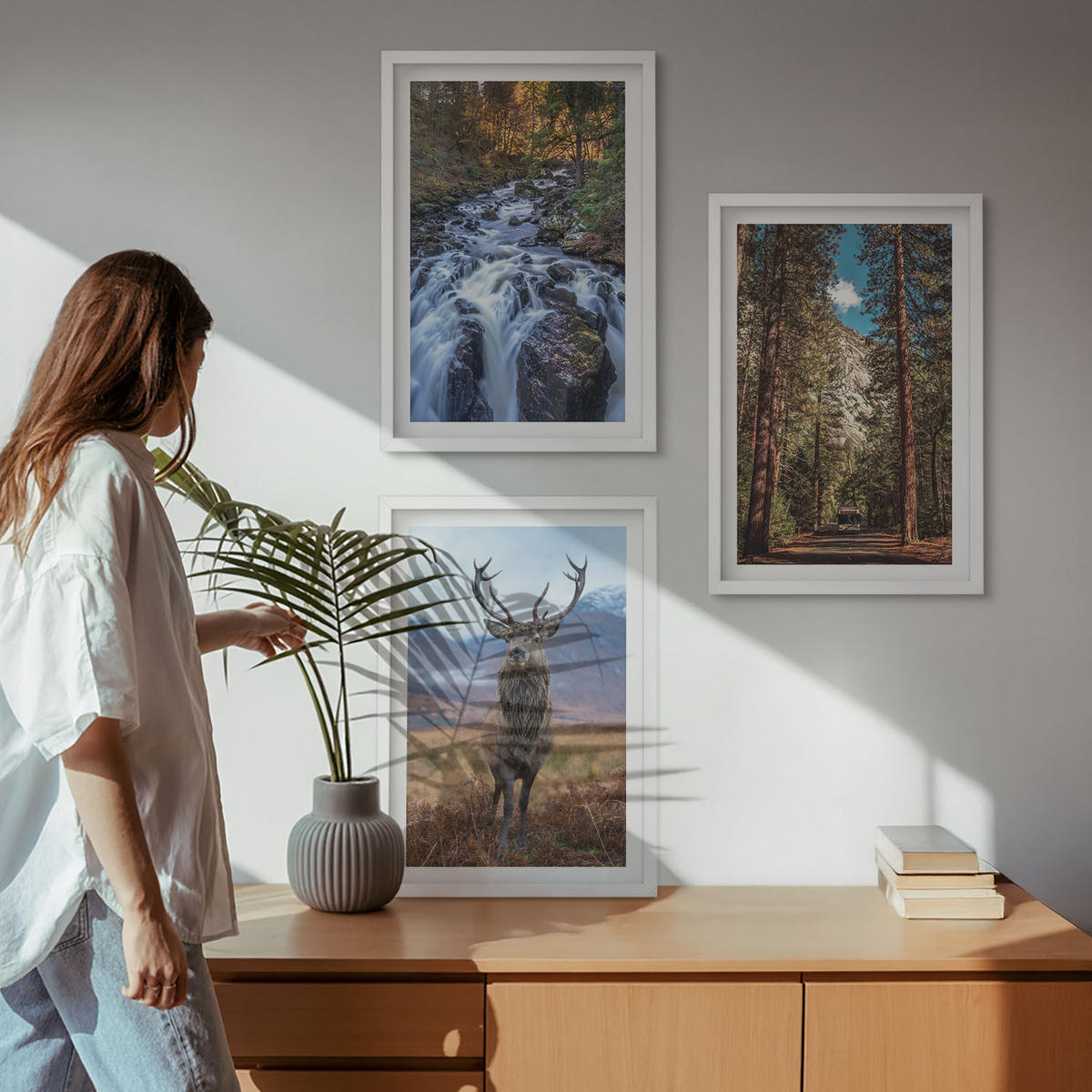 WANDBILDER 3er-Set - 40x60 cm Weißer Rahmen - Wasserfall Wald Berge Hirsch Natur - Weiß, Kunststoff (40/60cm) - ArtPrintCave
