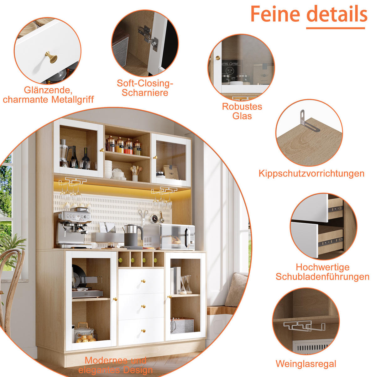 HOCHSCHRANK 140/40/185,7 cm mit LED-Beleuchtung, Weinregal, Glasfronten und verstellbaren Regalböden, Weiß - Weiß, Holzwerkstoff (140/185.7/40cm) - Redom
