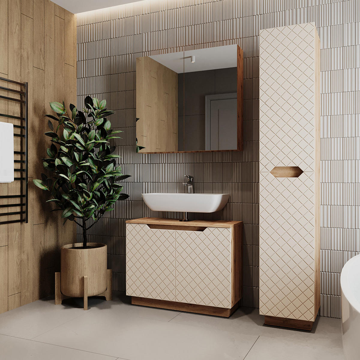 KOUPELNOVÝ NÁBYTEK Lotta Dub/kašmír se strukturou dlaždic - kašmírová, kompozitní dřevo (79.6/62.1/32cm) - Vicco