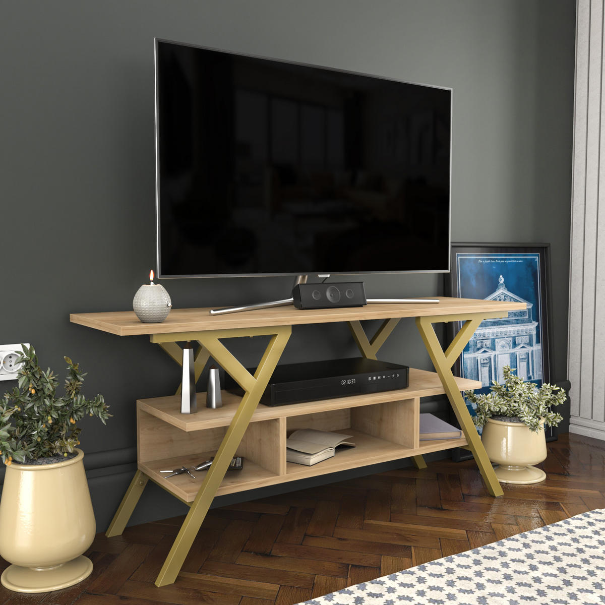 TV Stand Minerva Gold Eiche - Eichefarben/Goldfarben, Holzwerkstoff (120/55/35cm) - Decorotika