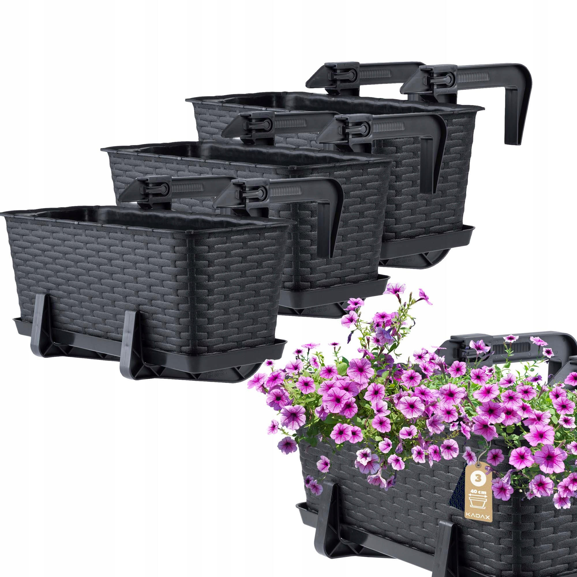 BALKONKASTEN mit Griffen, Anthrazit, 40 cm, 3 Stk. - Anthrazit, Kunststoff (17/40cm) - KADAX