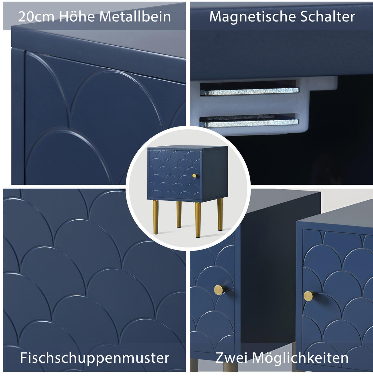 NACHTTISCH 35/35/51 cm in Marineblau mit Fischschuppenmuster und Metallbeinen - Dunkelblau, Holz (35/51/35cm) - Flora Grace