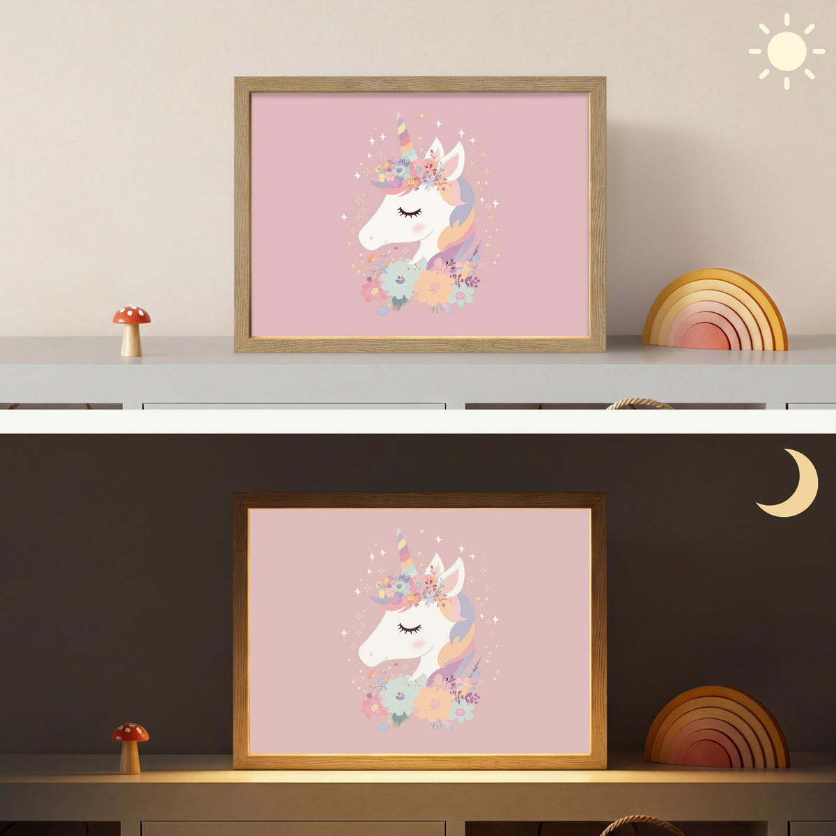 NÁSTĚNNÁ LAMPA S AKUMULÁTOREM Jednorožec - růžová - květiny 40x30 cm - růžová, kompozitní dřevo (40/30/8cm) - OnlyWow