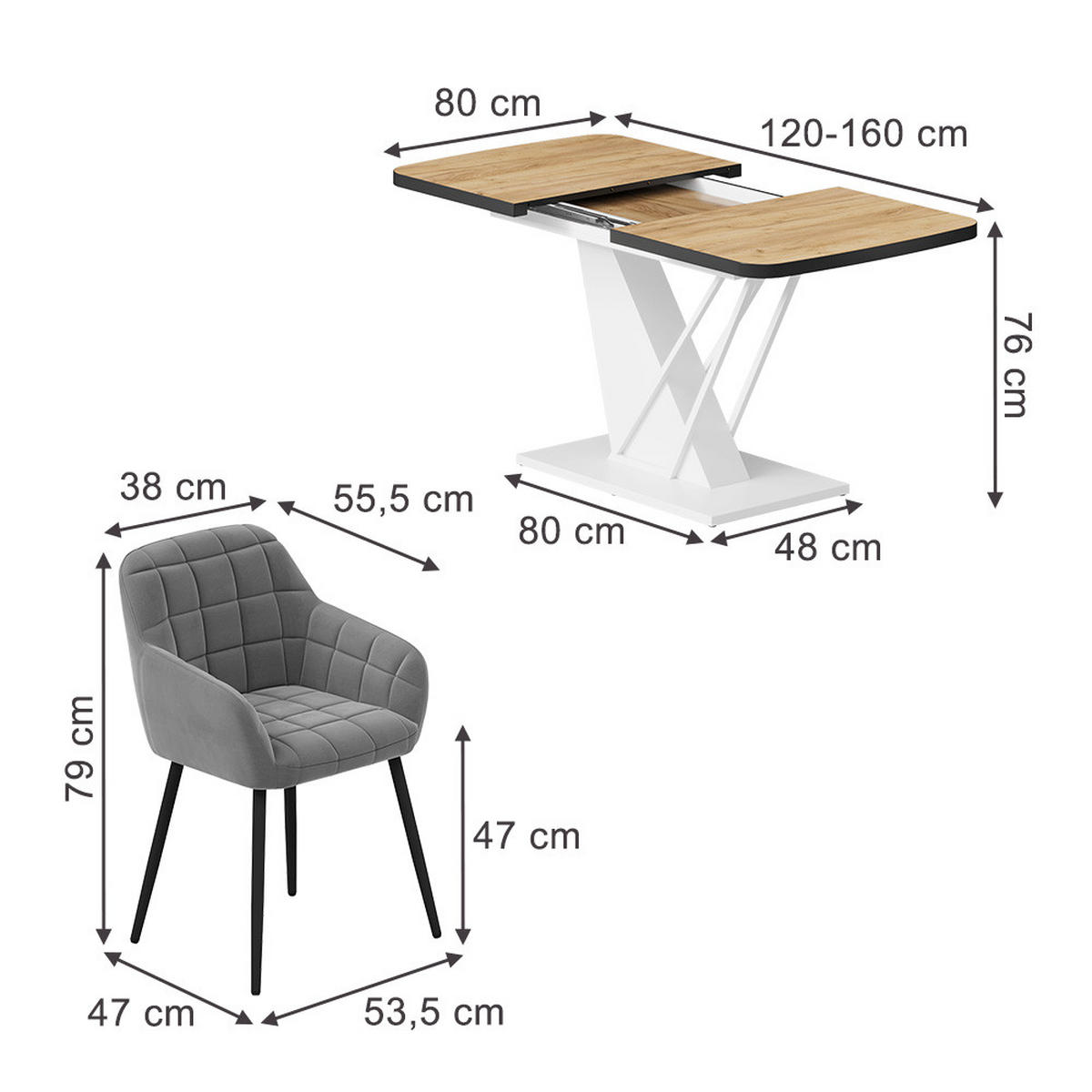 JEDILNA MIZA Fenaro, Zlati hrast z močjo/Bela, 120 x 80 cm s 4 jedilnimi stoli - barve hrasta/bela, leseni material (120/76/80cm) - Vicco
