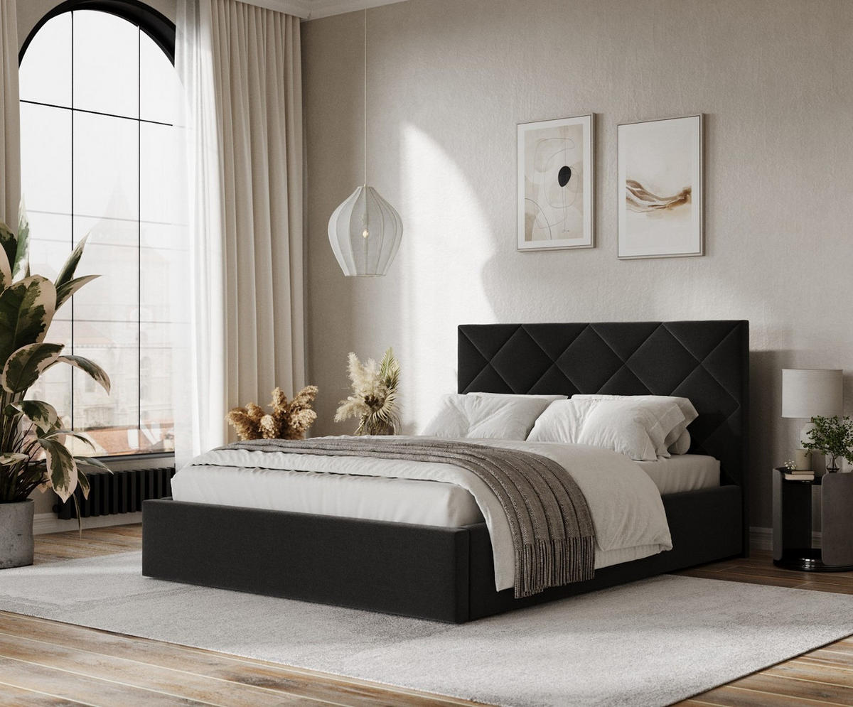 POLSTERBETT Torno 180/200 cm Schwarz im Asti Stoff - Schwarz/Naturfarben, Holz/Holzwerkstoff (180/200cm) - AltaBeds