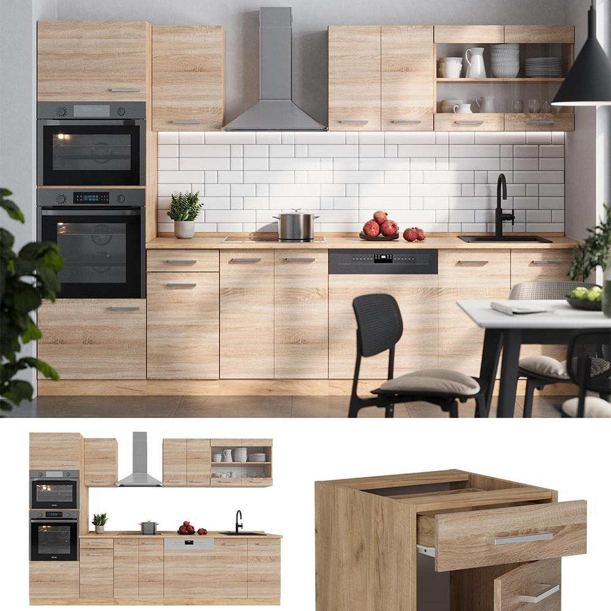 KITCHENETTE R-Line Stejar Sonoma/Goldkraft 300 cm cu dulap înalt, AP antracit - stejar Sonoma/stejar miere, compozit lemnos (300/206.8/60cm) - Vicco