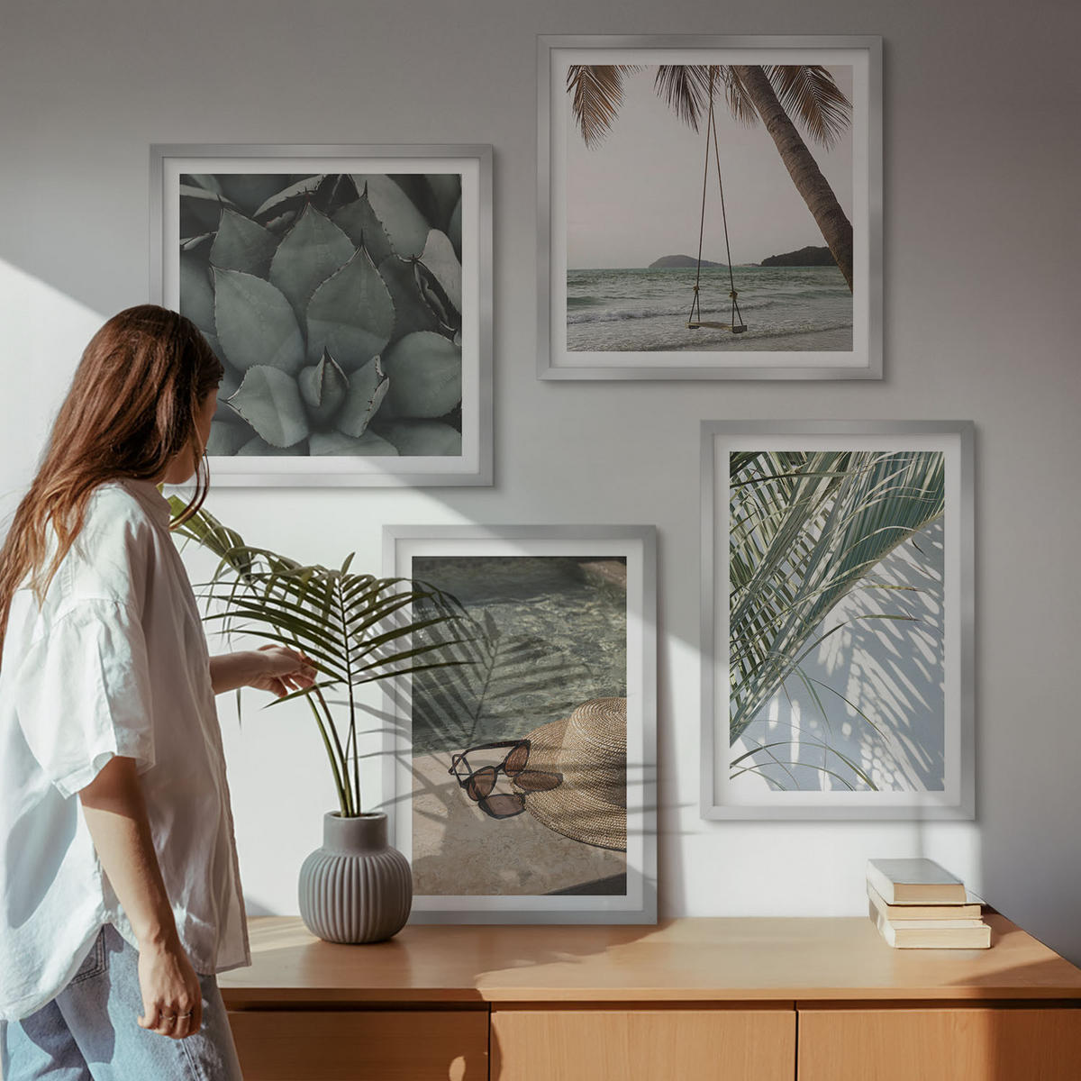 WANDBILDER 4er Set - 50x50 cm & 40x60 cm Silberner Rahmen - Tropische Pflanzen für den Urlaub - Silberfarben, Kunststoff (50/50cm) - ArtPrintCave