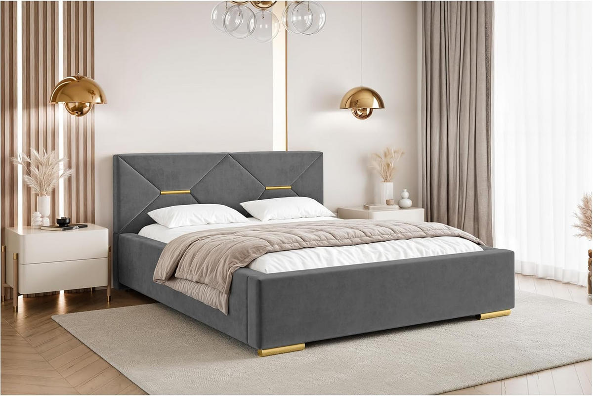 BETT LIZZY - Dunkelgrau/Goldfarben, Holzwerkstoff (120/200cm) - Meblini