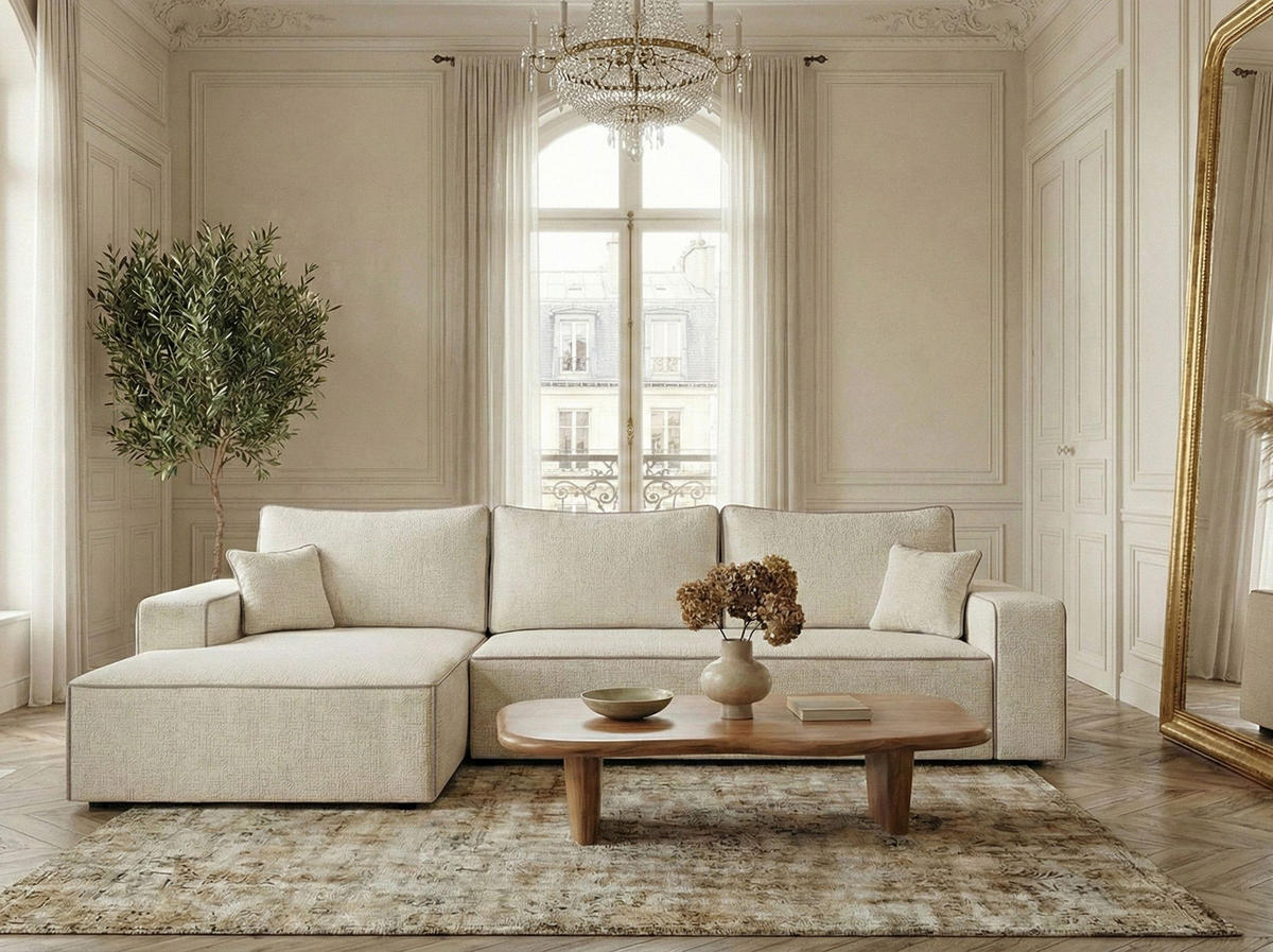 ECKSOFA MIT SCHLAFFUNKTION Modo Ecru-Beige Chenille-Stoff - Links Seite - Ecru/Beige, Holz/Holzwerkstoff (185/294cm) - Maison de Reve