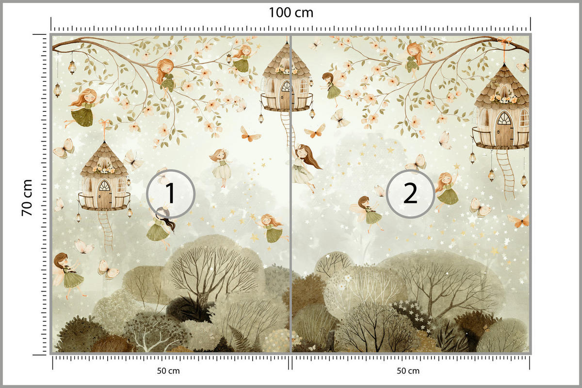 FOTOTAPETE für Kinderzimmer Waldfeen Blumen Sterne Schmetterlinge Baum 100x70 - Beige/Orange, Papier (100/70cm) - Muralo