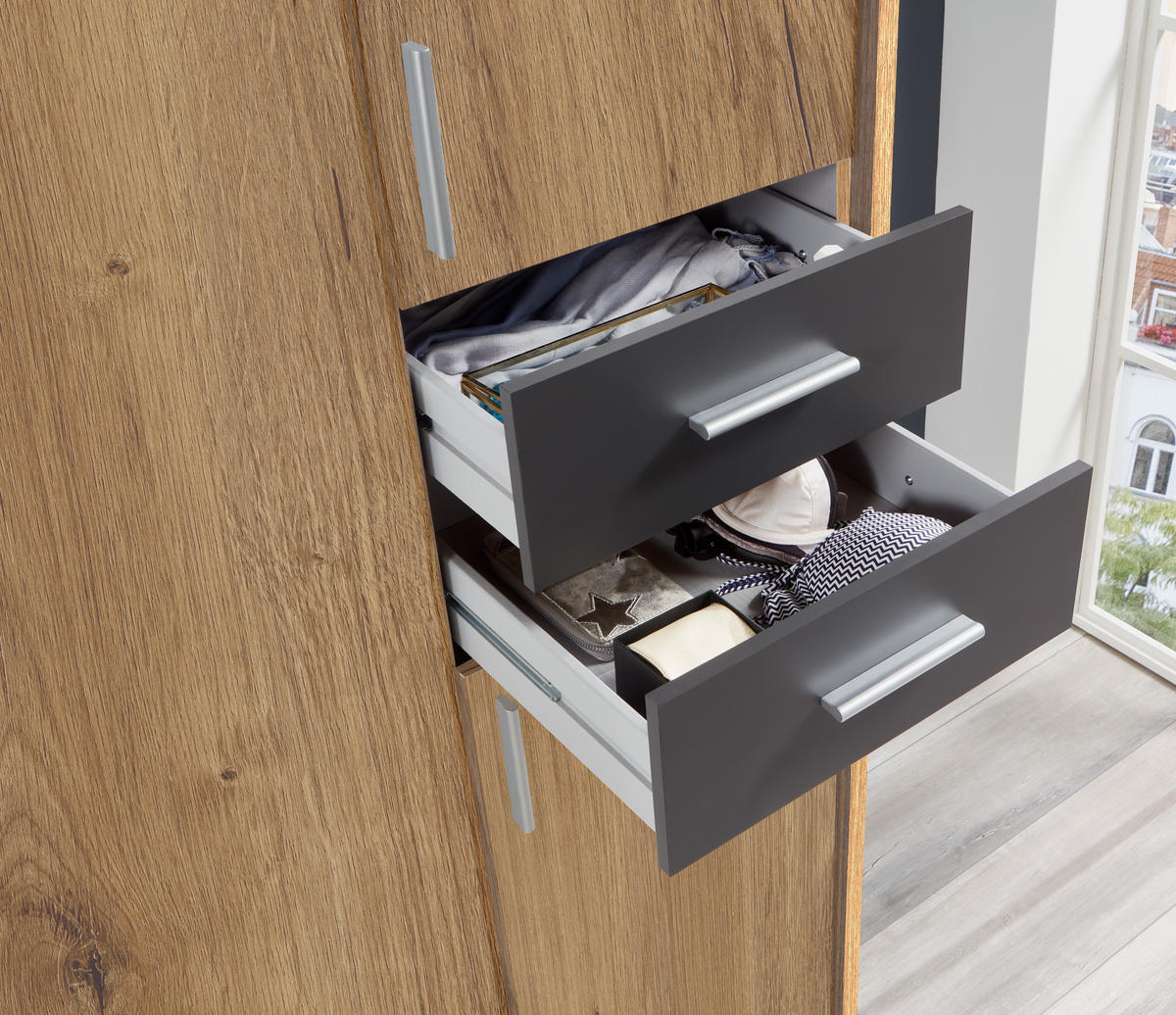 DREHTÜRENSCHRANK Kleiderschrank B313/H210/T58 cm mit Schubkästen & Passepartout & 3 Spiegeltüren, Eiche Dekor mit Absetzungen in Grafit / 22582 - Eichefarben/Silberfarben, Holzwerkstoff/Kunststoff (313/210/58cm) - luma-home
