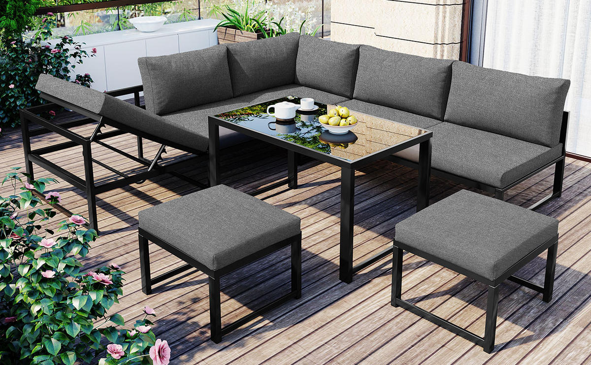 GARTEN-LOUNGE-SET Aluminium mit verstellbarer Rückenlehne, Tisch & Hocker, 199/60/66 cm, Schwarz/Grau - Grau, Metall - Redom