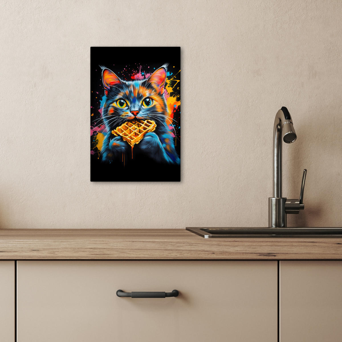 LEINWANDBILD Katze - Graffiti - Bunt - Waffel - Essen 20x30 cm - Türkis, Textil (20/30cm) - MuchoWow