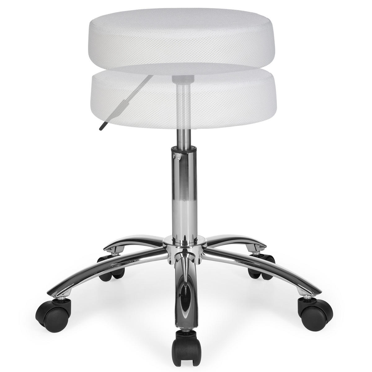 ROLLHOCKER gepolstert, 360° drehbar, ergonomisch bis 100 kg ARNO, Weiß 55x55x70 cm - Silberfarben/Weiß, Textil/Metall (55/70/55cm) - KADIMA DESIGN