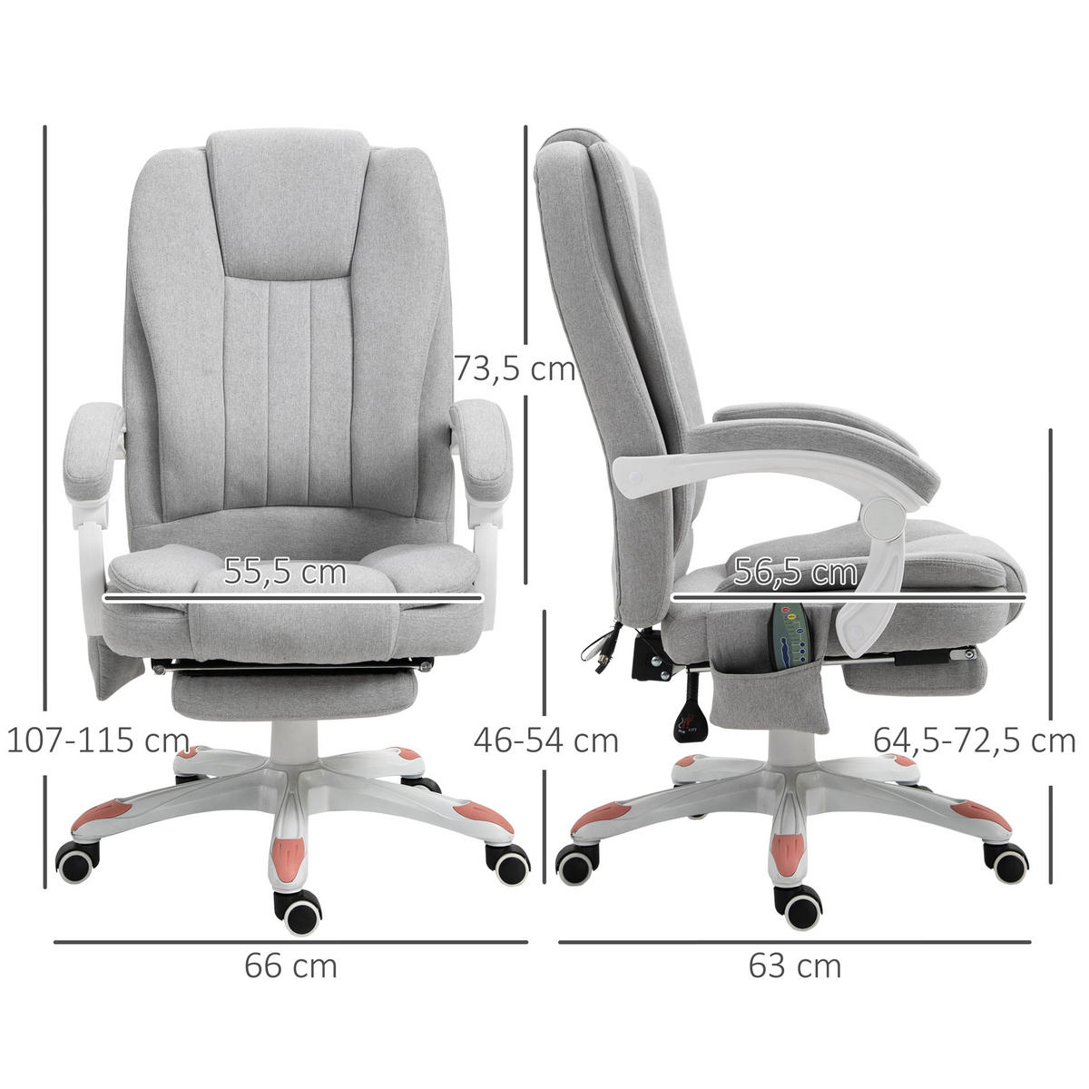 MASSAGE Bürostuhl, Schaumstoff, Grau - Grau, Kunststoff (63/107/66cm) - Vinsetto