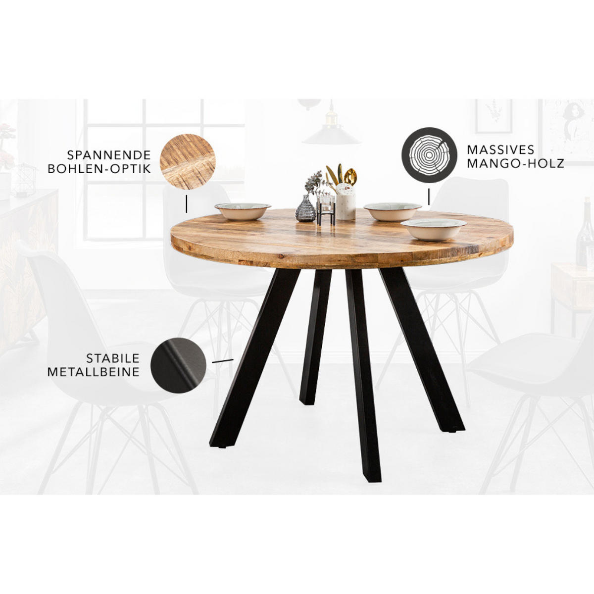 ESSTISCH IRON CRAFT Mangoholz rund Natur 120cm - Braun, Holz (120/120/76cm) - riess-ambiente