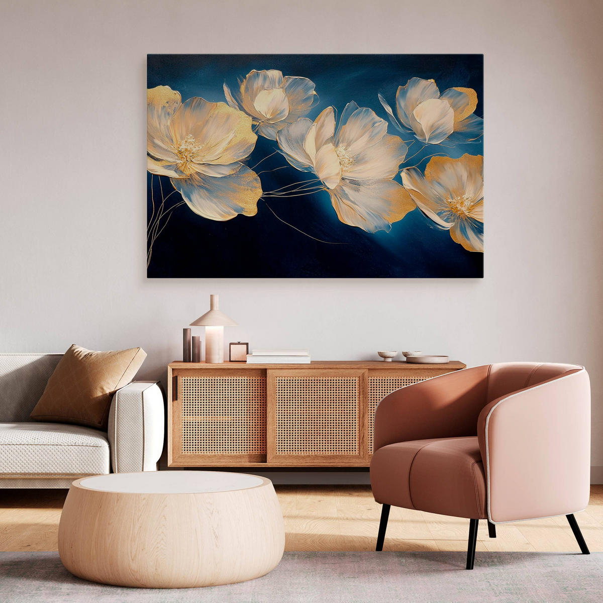 LEINWANDBILD für Schlafzimmer Blumen Pflanzen Natur Malarei 30cm x 20cm - Blau/Beige, Textil (30/20cm) - Muralo