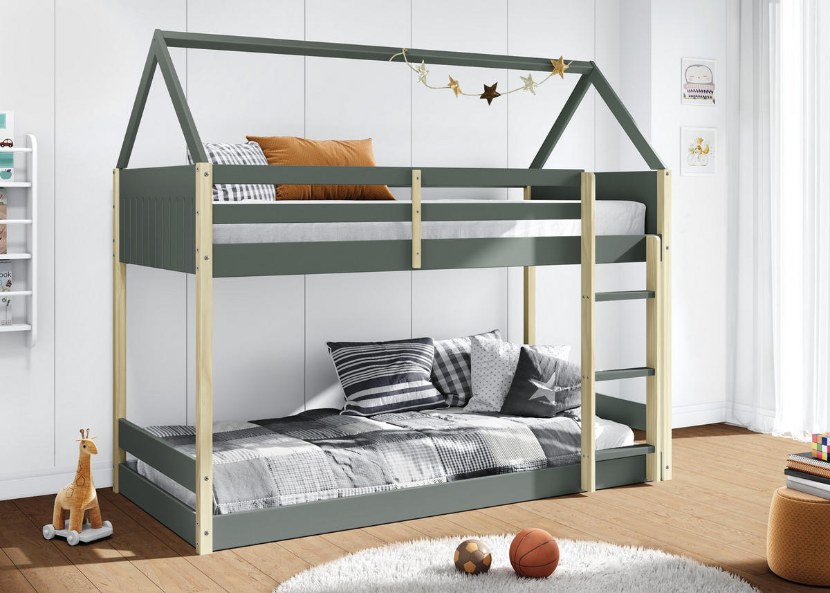 MONTESSORI Etagenbetten 90x190 cm in Hausform 104,7/200/174,9 cm - Grün, Holz - Calicosy