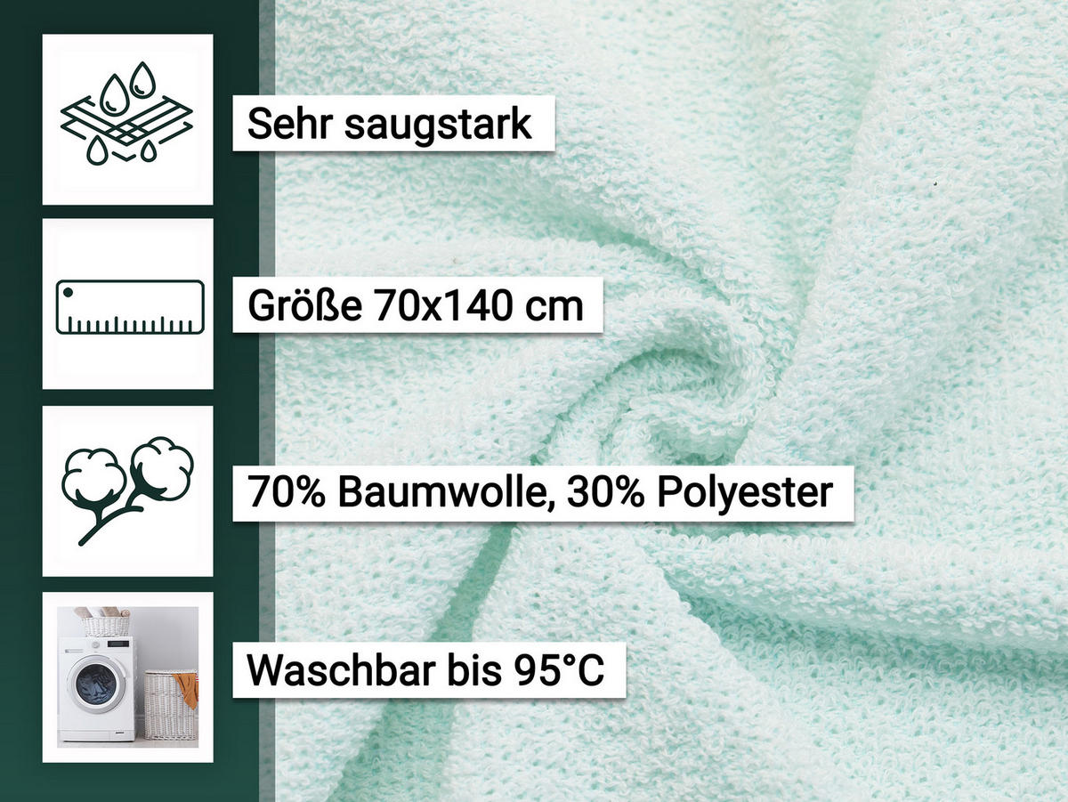 DUSCHTÜCHER, 5er-Set, 70x140 cm, 70% Baumwolle, 30% Polyester - Grün, Textil (70/140cm) - Zollner