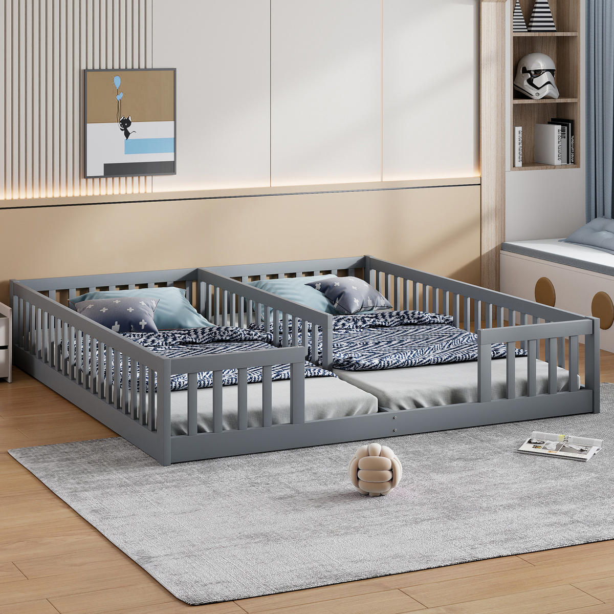 KINDERBETT Kindereinzelbetten 90/200 cm mit Sicherheitsgitter aus Kiefer und MDF, bodennahes Doppelbett, Grau - Grau, Holzwerkstoff (90/200cm) - Redom