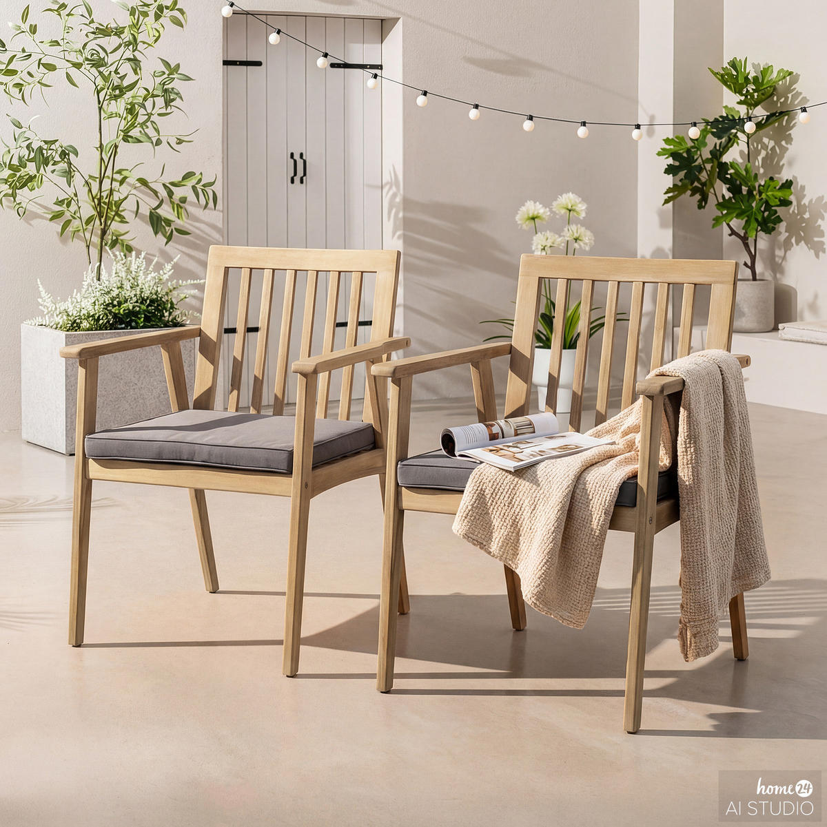 GARTENSTUHL - 2er-Set - Akazie massiv / Polyester - Braun / Grau - Braun/Grau, Holz/Textil (57/83/63cm) - home24