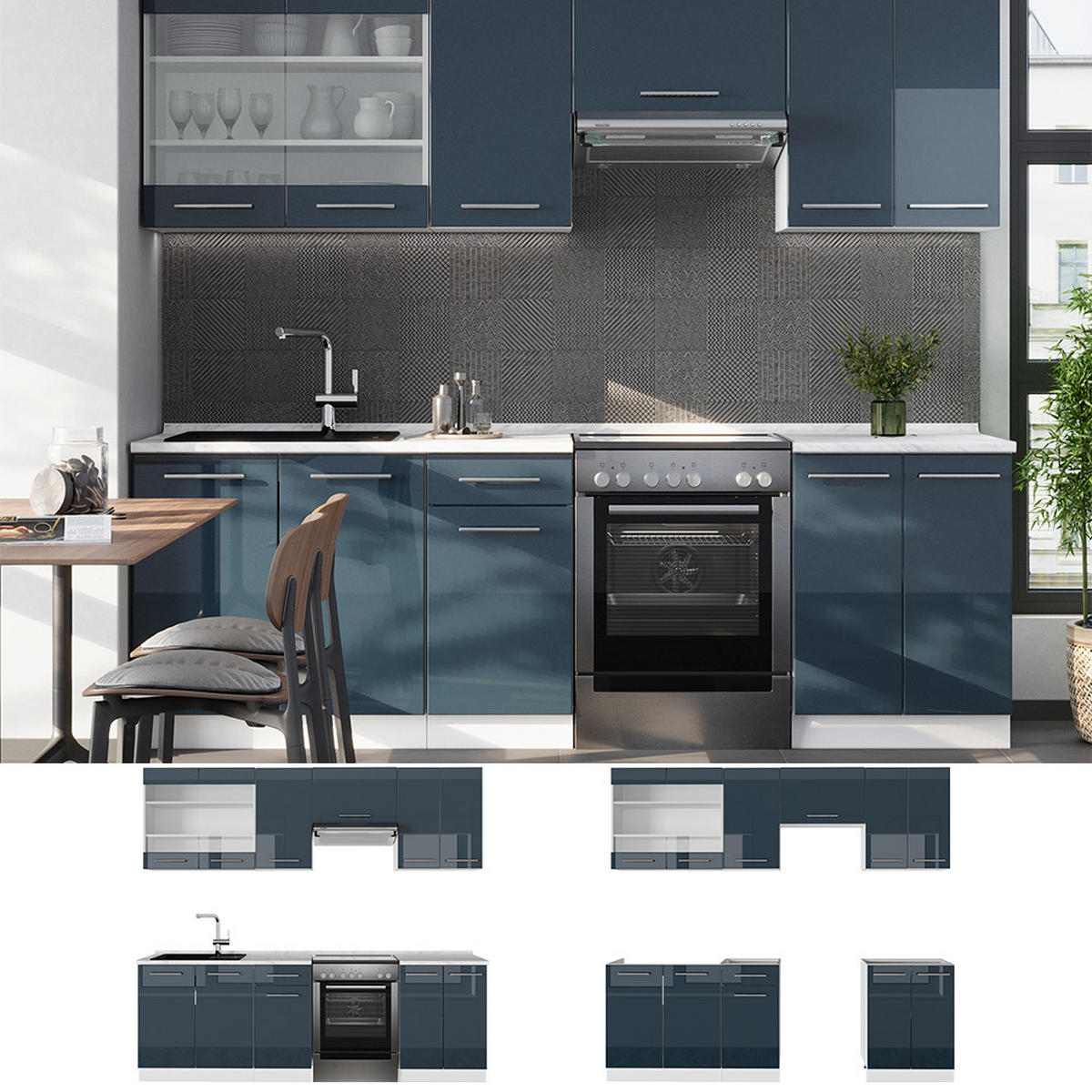 KÜCHENZEILE Fame-Line Dunkelblau Hochglanz/Weiß 240 cm, AP Anthrazit - Dunkelblau/Weiß, Holzwerkstoff (240/81.6/60cm) - Vicco